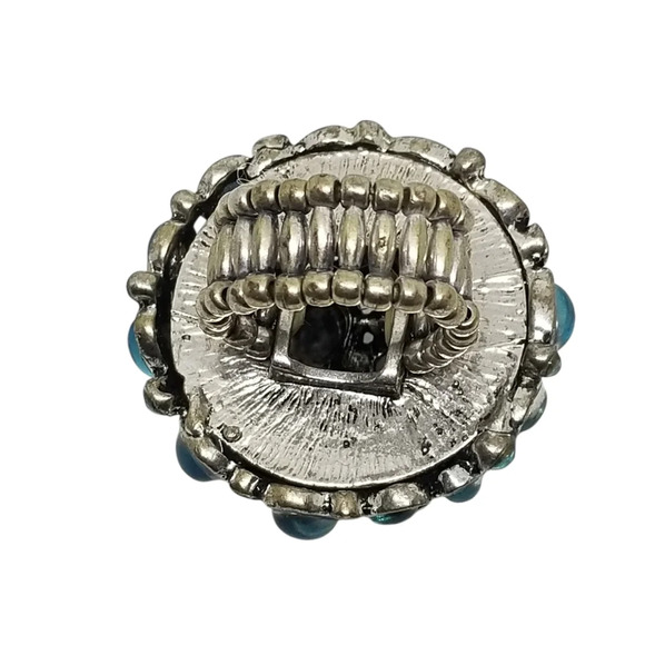VINTAGE SILVERTONE DOME STRETCH RING WITH MOONGLOW, & RHINESTONE DETAIL - Picture 5 of 5